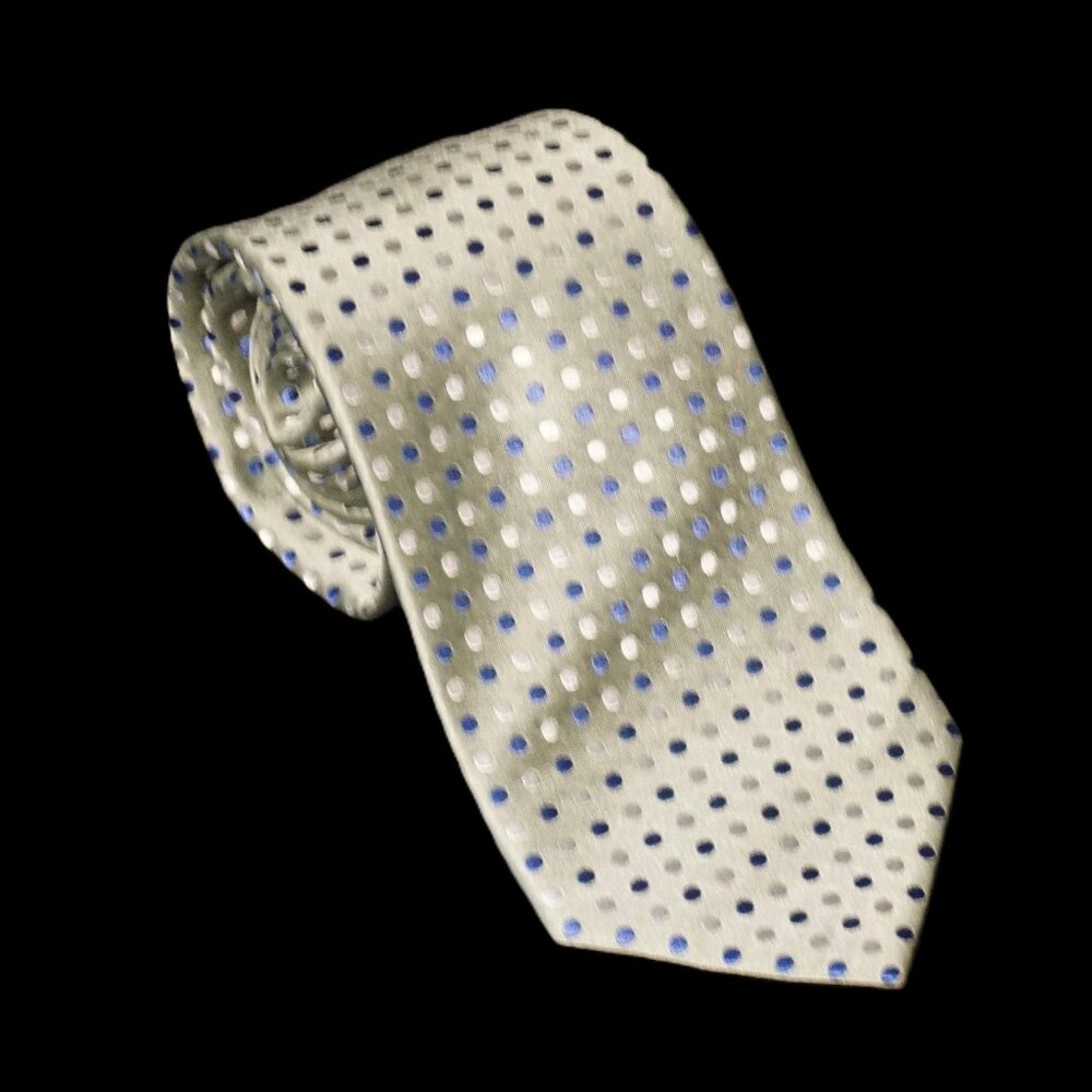 GB Gianni Bini Green with Blue and White Polka Dots Handmade Silk Tie